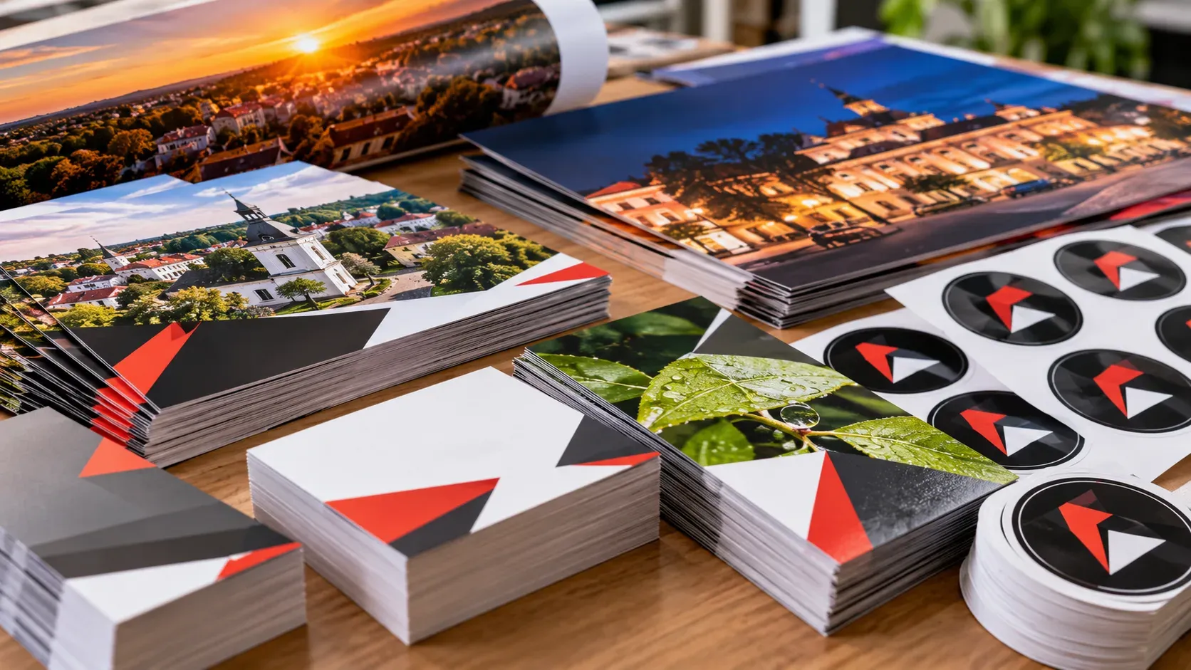 Materiały reklamowe dla firmy: wizytówki, ulotki, kubek z logo, koszulka i naklejki